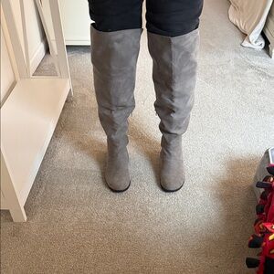 Gray Suede Knee-High Boots Wide Calf